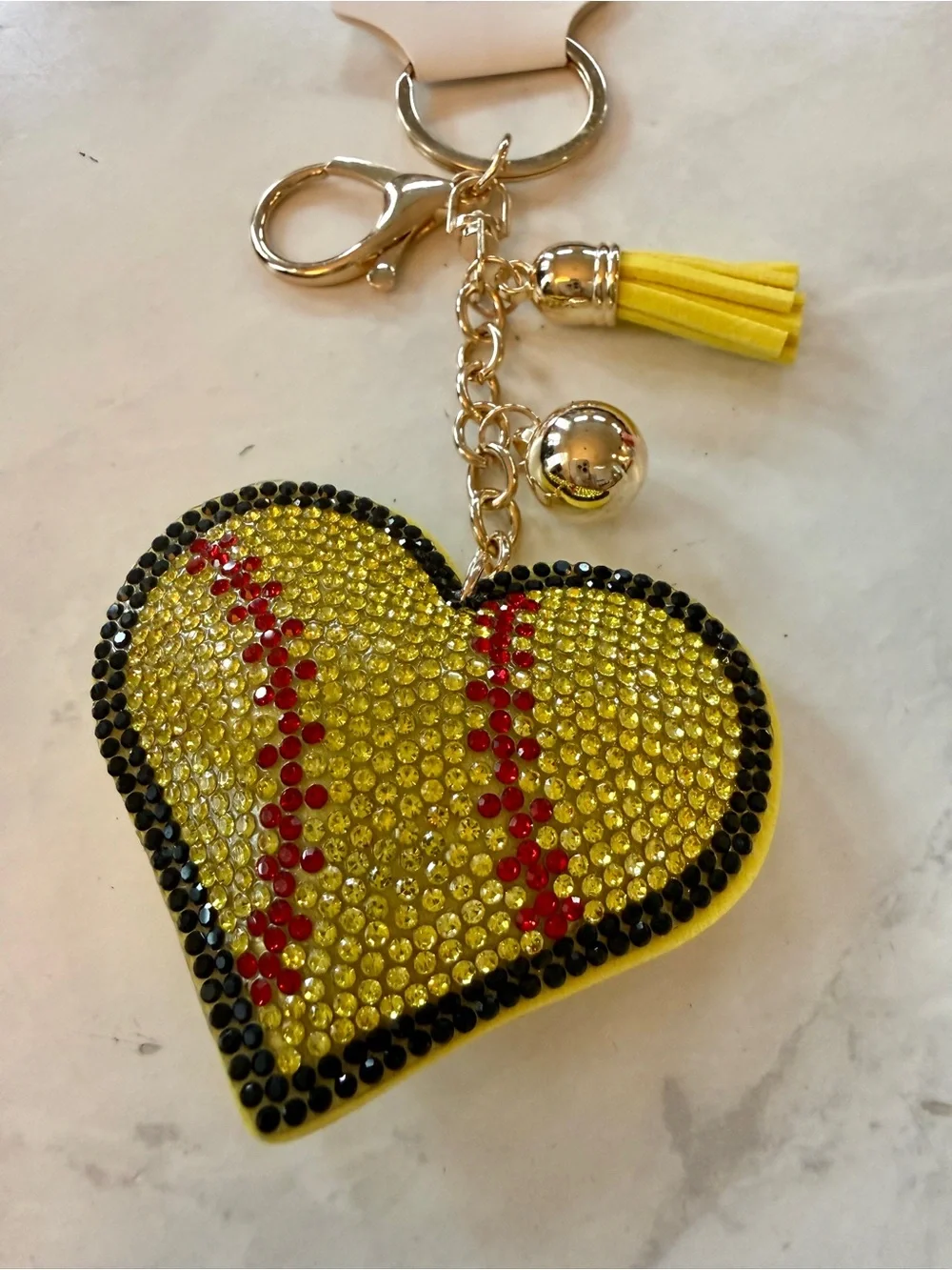 ✨ STUNNING Rhinestone Puffy Softball Heart Keychain / Bag Charm! ✨